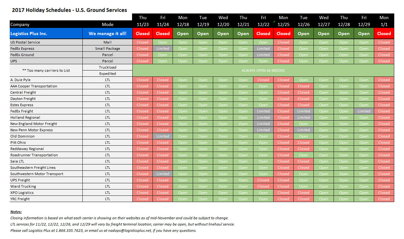 2017 Holiday Schedules for U.S. Ground Services