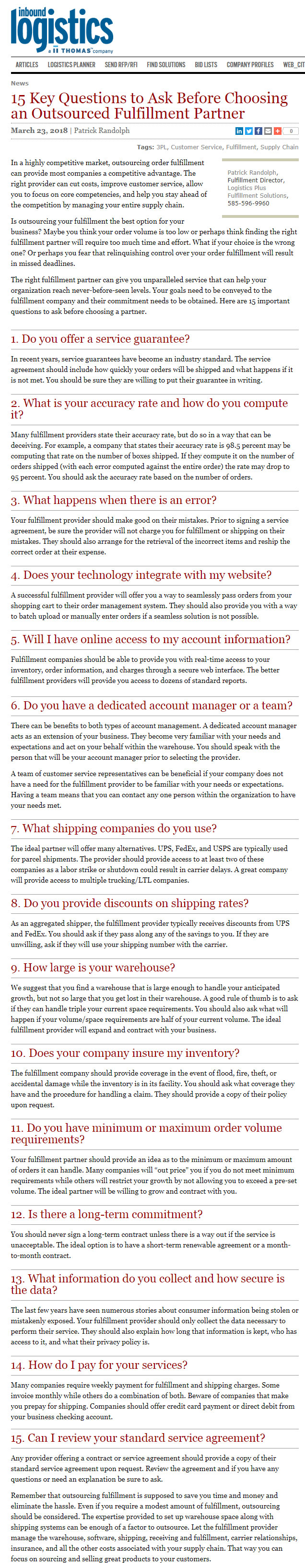 15 Key Questions to Ask Before Choosing an Outsourced Fulfillment Partner - Inbound Logistics