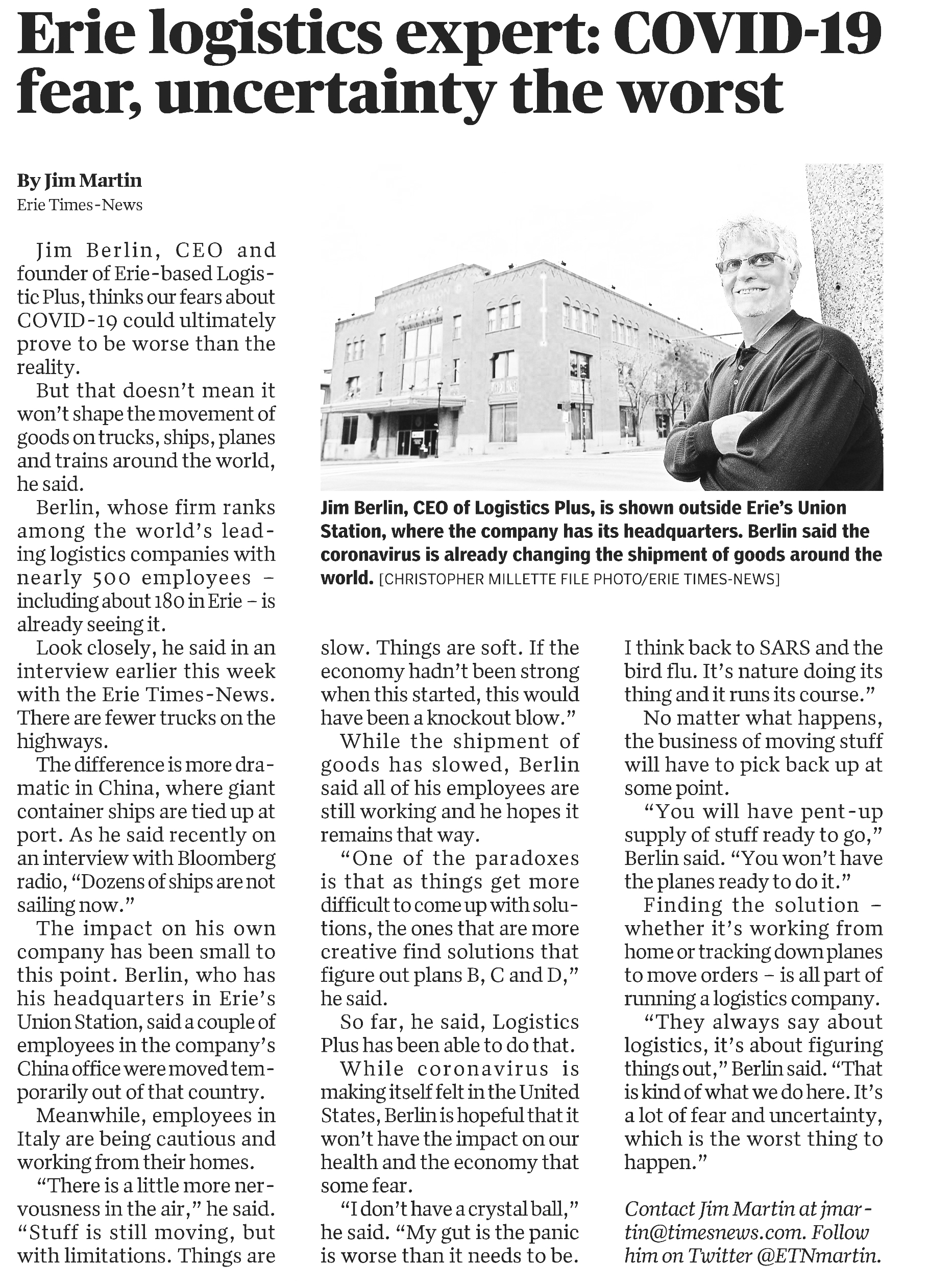 Jim Berlin Comments on COVID-19 in Erie Times-News
