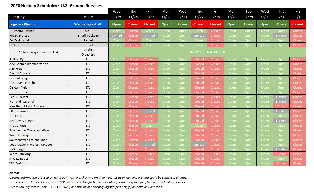 2020 Holiday Schedules for U.S. Ground Services