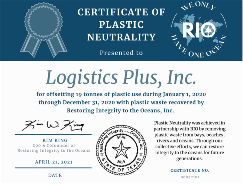 Logistics Plus Plastic Neutral Program Certificate (4-20-21)