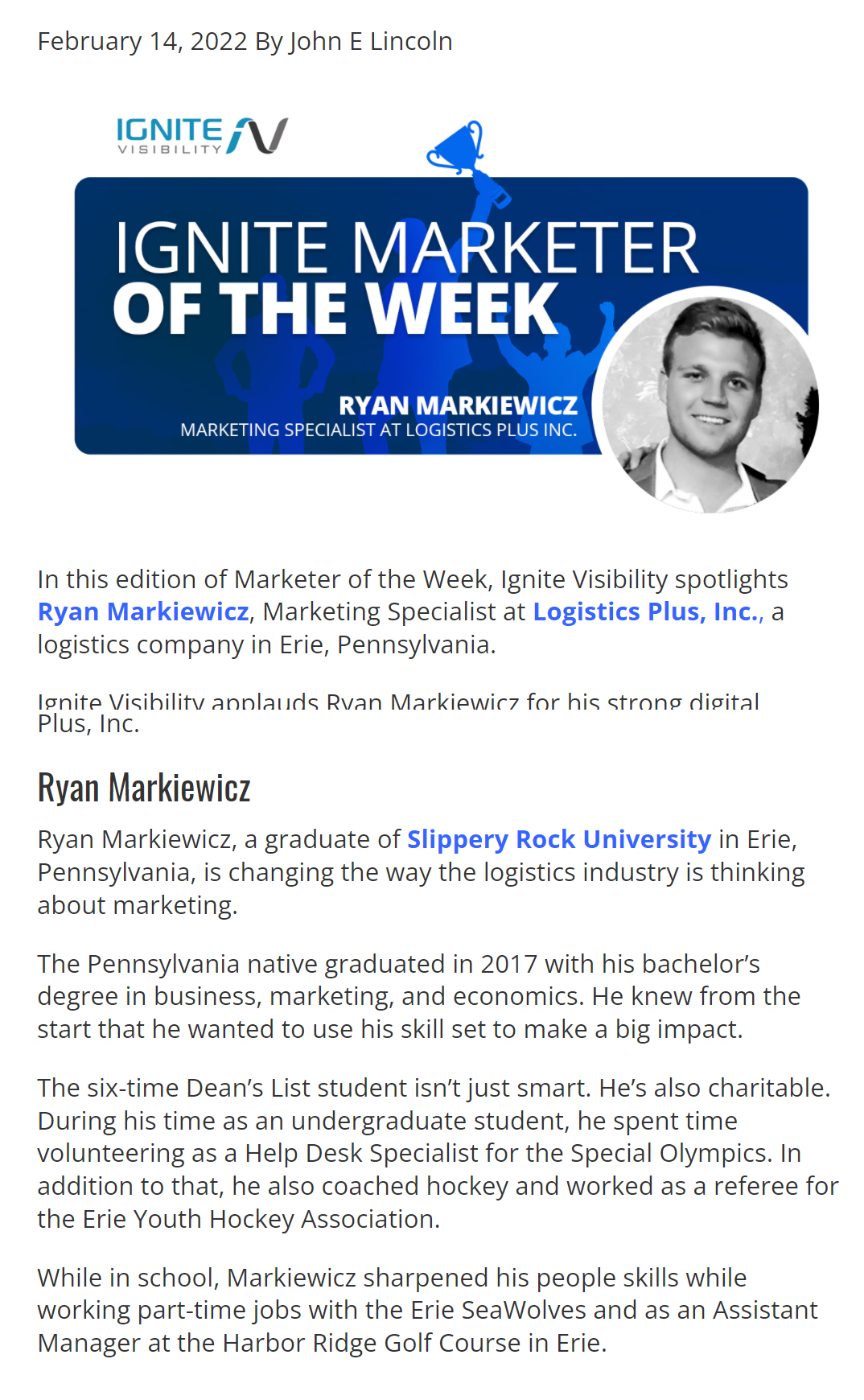 Ryan Ignite Marketer of the Week article