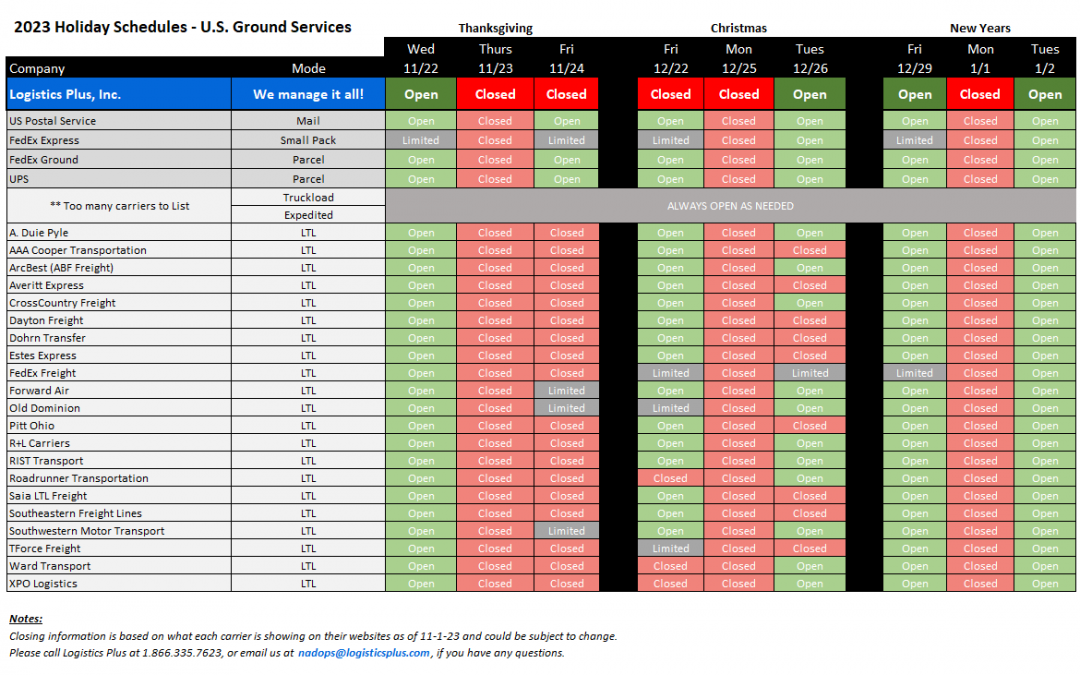 2023 U.S. Holiday Schedules for Ground Services